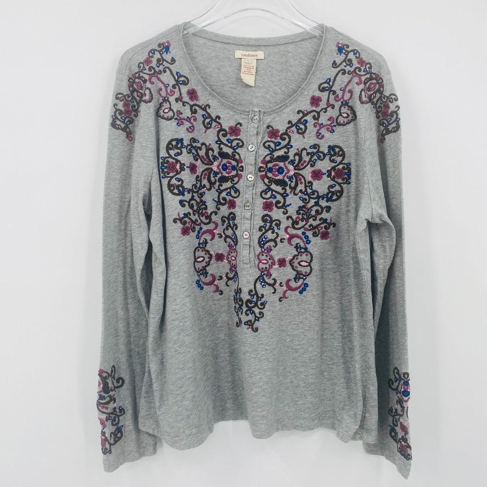 Sundance Size XL Gray Long Sleeve Boho Embroidered Cotton Shirt Top